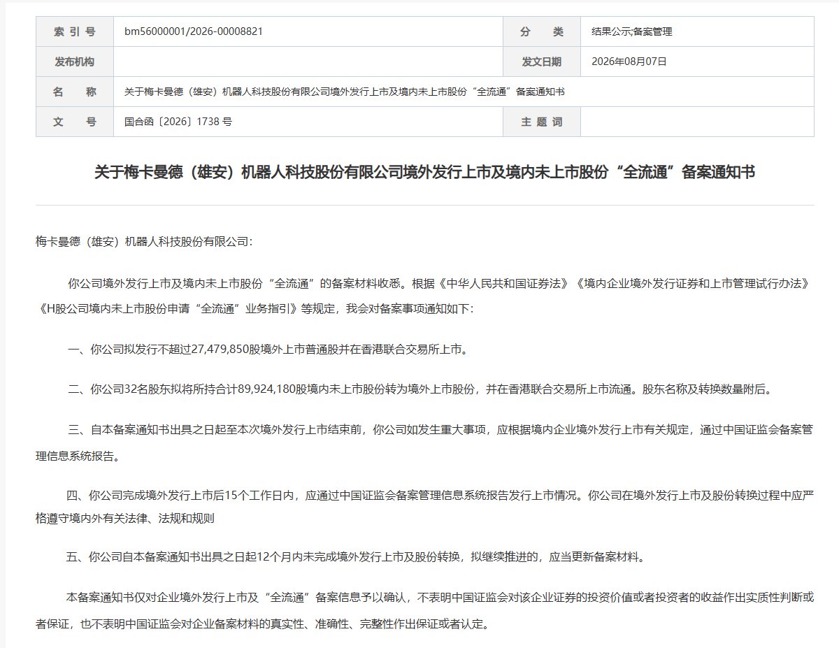新股消息 | 梅卡曼德机器人港股IPO及境内未上市股份“全流通”获中国证监会备案